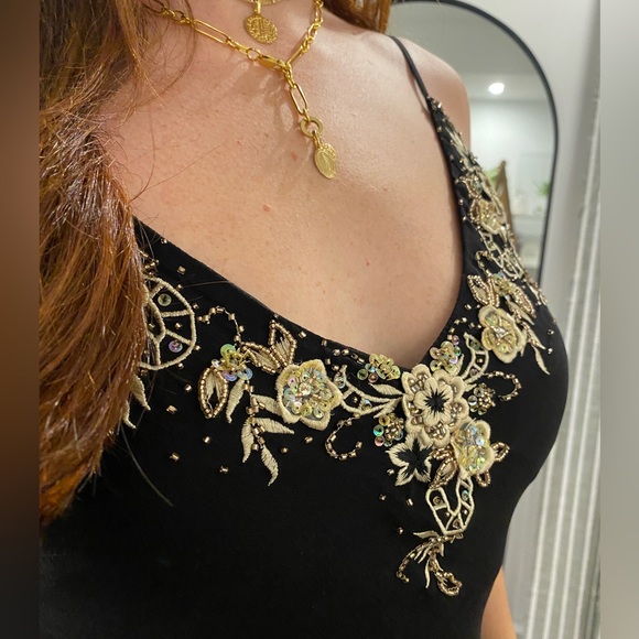 VINTAGE | Marina Black Silk Dress with Floral Sequin Embroidery / Modern Size XS - Picture 4 of 10